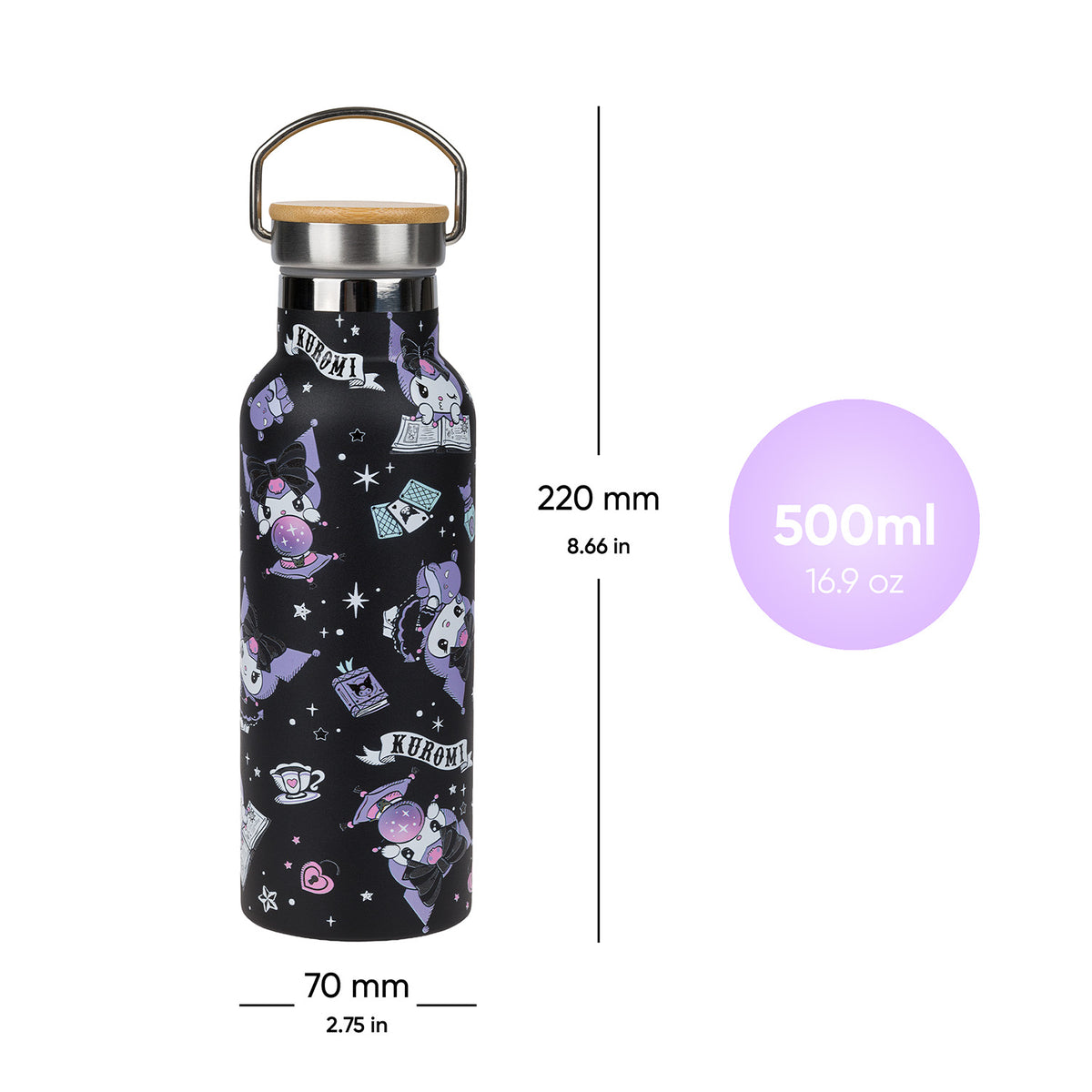 Hőtartó palack bambuszfedéllel, Kuromi Fortune Dream, 500 ml